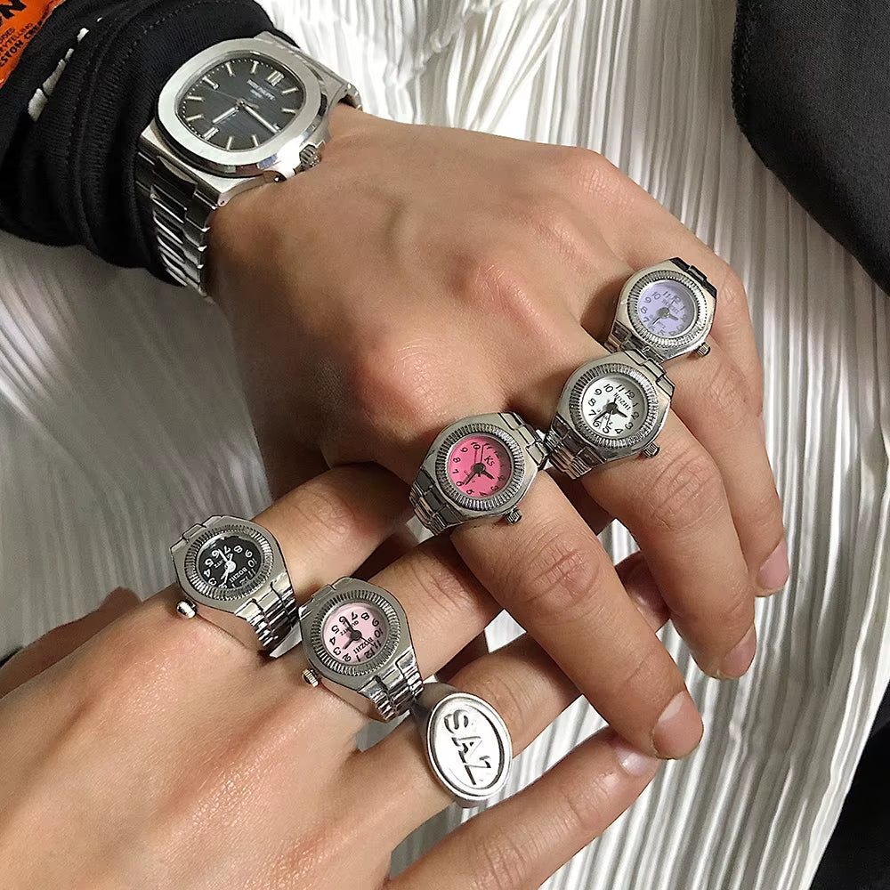Minimalist Fashion Punk Watch Rings Versatile Small Couple Finger Watch Vintage Mini Clock Creative Ring Hand Decoration Jewelry
