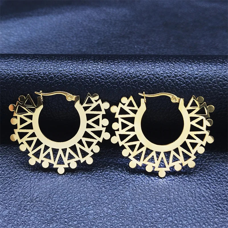 India Gypsy Tribal Ethnic Mandala Stainless Steel Earrings Women Gold Color Lotus Flower Hoop Earrings Jewelry Aretes E9354S01