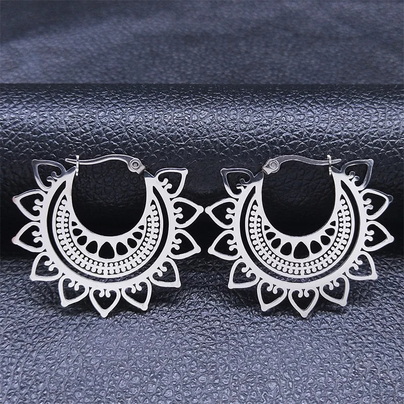 India Gypsy Tribal Ethnic Mandala Stainless Steel Earrings Women Gold Color Lotus Flower Hoop Earrings Jewelry Aretes E9354S01