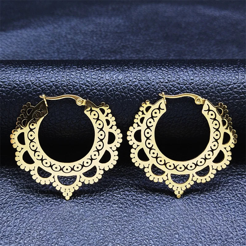 India Gypsy Tribal Ethnic Mandala Stainless Steel Earrings Women Gold Color Lotus Flower Hoop Earrings Jewelry Aretes E9354S01