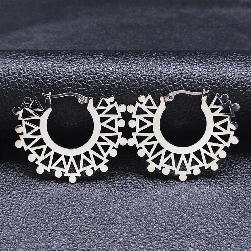 India Gypsy Tribal Ethnic Mandala Stainless Steel Earrings Women Gold Color Lotus Flower Hoop Earrings Jewelry Aretes E9354S01