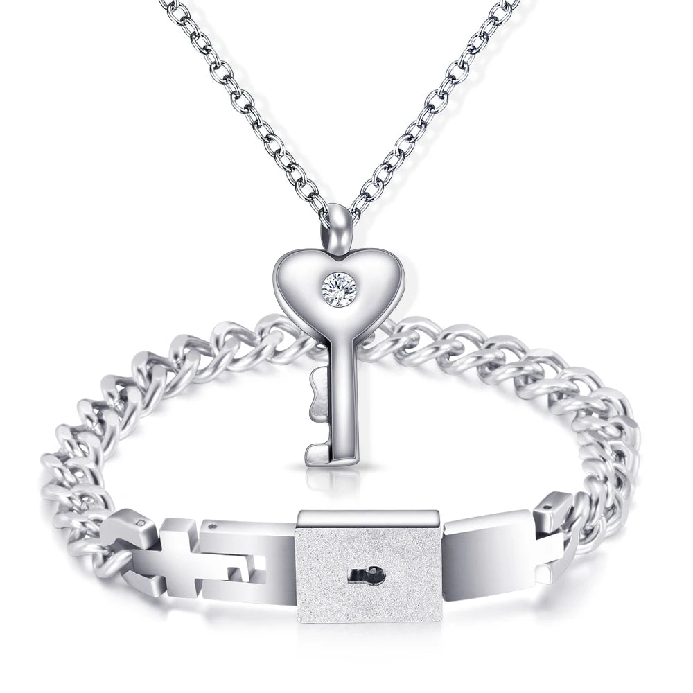 Stainless Steel Love Heart Lock Bracelets Bangles Key Pendant Necklace Couple Lover Jewelry Sets for Couples