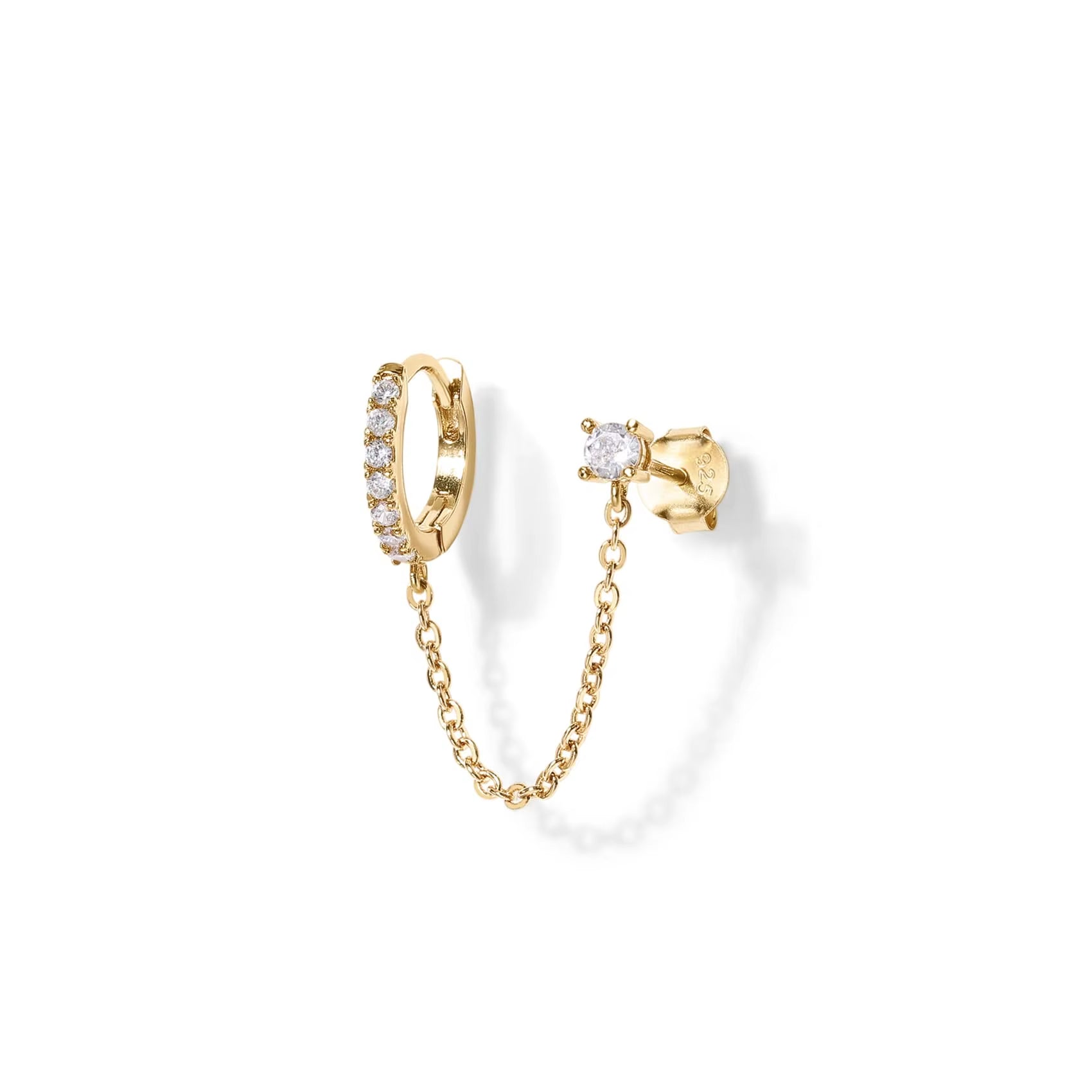 Shevalue 14K Gold Chain Earrings for Women Fashion Double Piercing Dangle Chain Huggie Hoop Earrings New Cubic Zirconia Stud Ear
