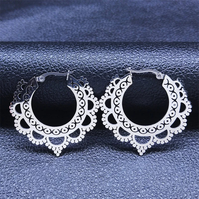 India Gypsy Tribal Ethnic Mandala Stainless Steel Earrings Women Gold Color Lotus Flower Hoop Earrings Jewelry Aretes E9354S01
