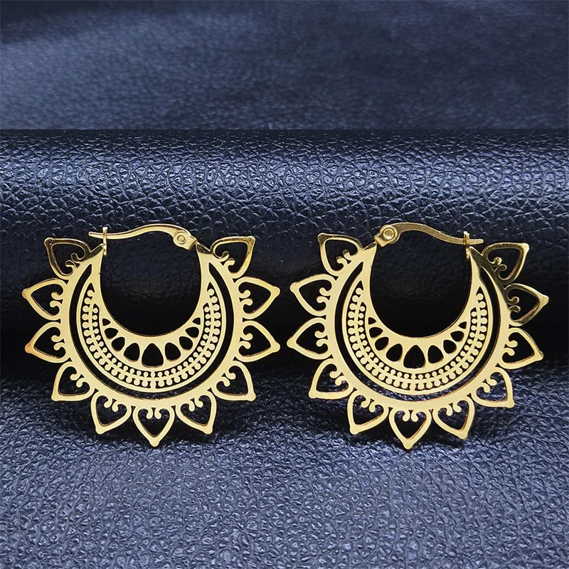India Gypsy Tribal Ethnic Mandala Stainless Steel Earrings Women Gold Color Lotus Flower Hoop Earrings Jewelry Aretes E9354S01