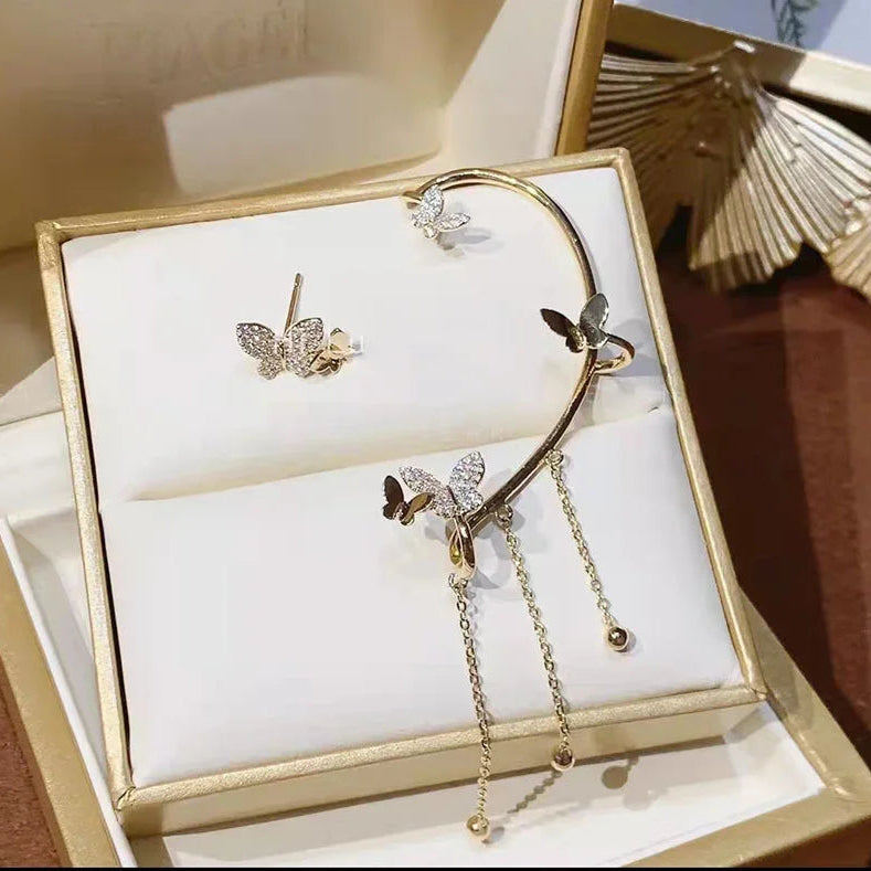 Shiny Zircon Butterfly Ear Cuff Gold Color Tassel Clip on Earrings for Women Korea Style Copper Earring without Piercing Jewelry